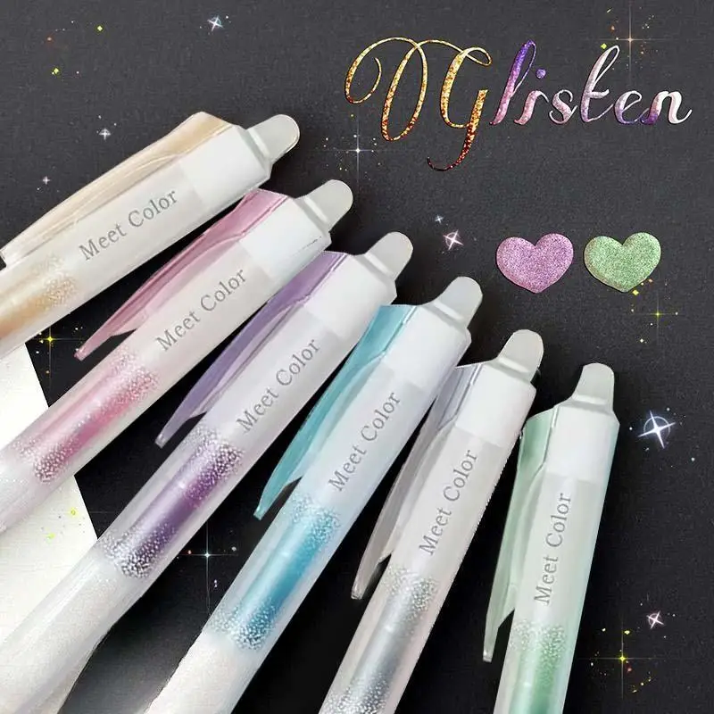Retractable Glitter Erasable Gel Pen (6 Counts), 0.7mm Fine Point Colorful Aesthetic Pens for Journaling, Home, School, Office Supplies