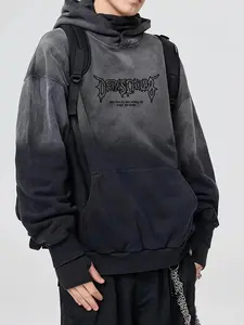 Men's Vintage Washed Tie-Dye Gradient Aesthetic Graphic Letter Embroidery Hoodie, Casual Long Sleeves Loose-Fitting Fall & Winter Sweatshirt, Trendy Outdoor Sportswear