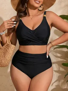 Plus Size Two Piece Swimsuit, Bikini Style with Cross Chest Straps, Women's Swimwear for Beach Holidays, V Neck Swimsuit