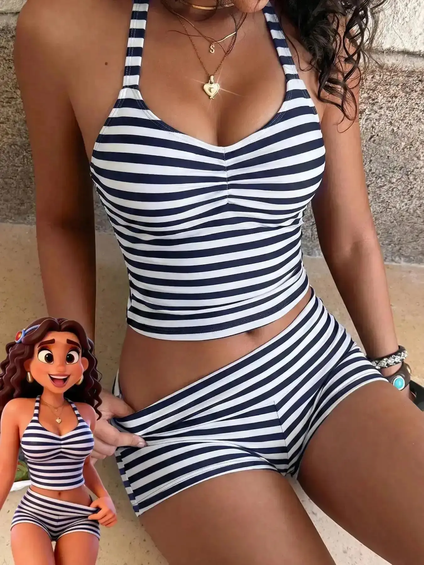 Striped Tankini Swimsuit, Elegant Sexy Halter Crop Top & Boyshorts, Women's Dynamic Sporty Swimwear for Beach Pool Vacation, Spring and Summer, Swimsuits, Bathing Suit, Fun In Sun, Water Sports, Sun Kissed, gift for mom