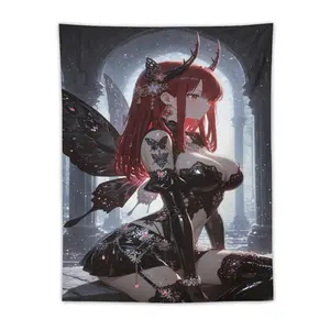 Enigmatic Gothic Anime Girl Tapestry Red Rose Antler Crimson Moon Butterfly Dark Fantasy Wall Art Velvet Darkness Aesthetic Home Decor For Witchy Bedroom Otaku Living Space And Anime Lover Gift