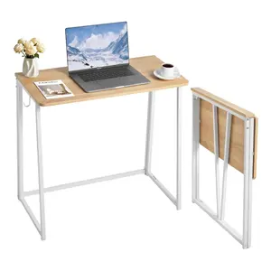 VEVOR Folding Desk, 31.5 Foldable Table for Small Spaces with Storage Hooks, Space Saving Computer Table, Writing Workstation for Home Office, Easy Assembly, Oak