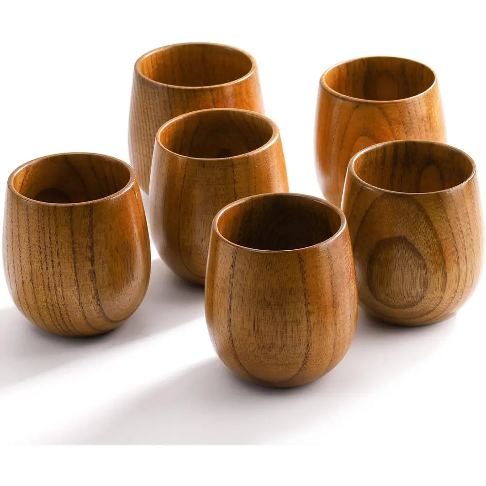 6-Pack Traditional Japanese Handmade Wooden Mugs - 5oz/150ML Lightweight Thick Thermal Drinkware, Easy to Clean Tea Cups for Wine, Coffee, Restaurants, Food Safe Lacquer Coating