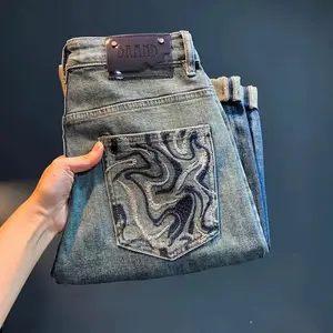 Jeans Men Luxury Summer Cowboy Men's High-end Jeans Autumn New Loose Gradual Washed Embroidery Narrow Feet Denim Trousers