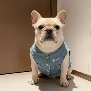 Original Korean-Style Denim Vest for Dogs — Spring/Autumn, French Bulldog/Bully Breed, Cute Printed Design, Wearable as an Outerwear