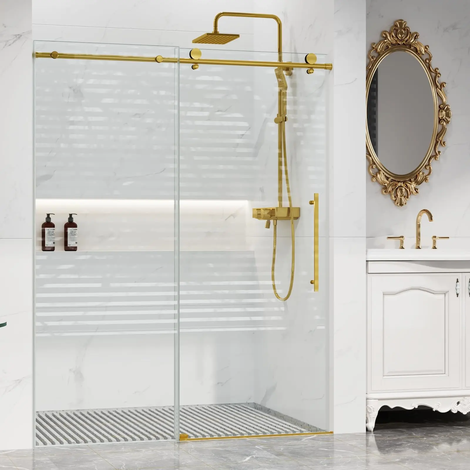 GARVEE Frameless Sliding Shower Door with 56-60" W x 75"H 5/16"(8mm) SGCC Tempered Glass, Stainless Steel Hardware, Waterproof Seal Strip, Gold Sliding Panels