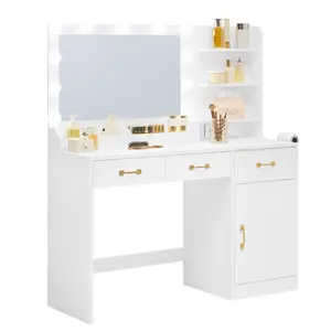 White Wooden Makeup Vanity Station with LED Illuminated Mirror, Built-In Power Charging Port, 3 Drawers, 2 Cubbies & Closed Cabinet, Multi-Storage Dressing Table for Bedroom & Dressing Room