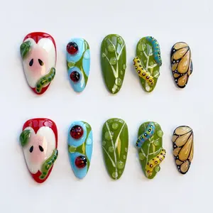 Summer Cute Apple Nails/press on nails long almond nails/Caterpillar Nails/3D Gel Butterfly Nails/Ladybug nails/Custom nails/Holiday Nails