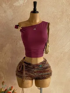 Soleia New Casual Resort Western Beach Wedding Guest Attire, Graduation Brunch, St. Patrick's Day, Spring Break, Easter, Music Festival, Elegant Boho Tropical Fuzzy Textured Brown Knit Asymmetric Neck Floral Cutout Back 2-Piece Set For Women