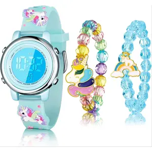 P-WBA017    3 Pieces Kids Unicorn Digital Sport Watches and Bracelets,7 Color Lights, Alarm, Stopwatch, 3D Waterproof Watch Gift for Girls 3-10 Years Old