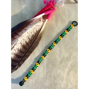 Small Huichol Beaded Bracelet - Yellow & Green