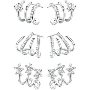 Fansilver Cubic Zirconia Cuff Earrings Triple Huggie Illusion Stud Earrings Hypoallergenic Wrap Ear Cuffs Earrings for Women Trendy