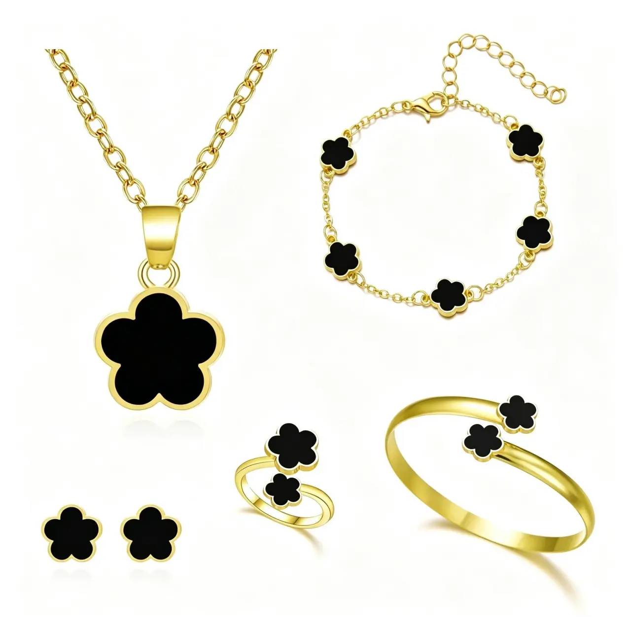6Pcs Lucky Flower Jewelry Set – Gold Plated Necklace, Earrings, Bracelet, Bangle & Ring Set, Fashion Trendy Floral Motif All-Match & Exquisite Accessory, Perfect Birthday Gift for Women Party, Daily Decor