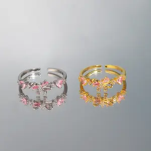 Pink Crystal Bow Knot Open Statement Rings Eternity Promise Stacking Finger Band Adjustable Dainty Jewelry Gift For Friends