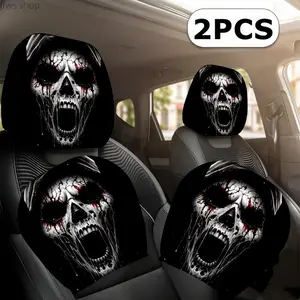2-Pack 11x10.2 Inch Roaring Skull Car Headrest Covers, universal durable upholstery cushion with trendy cool pattern. Easy to install, wear-resistant protective accessory, perfect fit for daily commuting and short road travel vehicle interior decoration