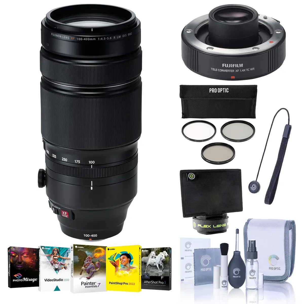 Fujifilm XF 100-400mm f/4.5-5.6 R LM OIS WR Lens, Bundle with XF1.4X TC WR Teleconverter, 77mm Filter Kit and Photo Video Art Suite PC Software Kit