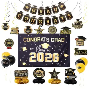 2026  Black Graduation Decorations Set Class of 2026 Backdrop Congrats Grad Banner Streamers Balloons Kit for High School College Grad Party Photo Background Decorations