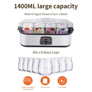 Fully automatic digital yogurt machine, 8 glass jars, 6 ounces per jar, LCD display screen, constant temperature control, adjustable time and temperature control yogurt machine, homemade Greek and probiotic yogurt, stainless steel design