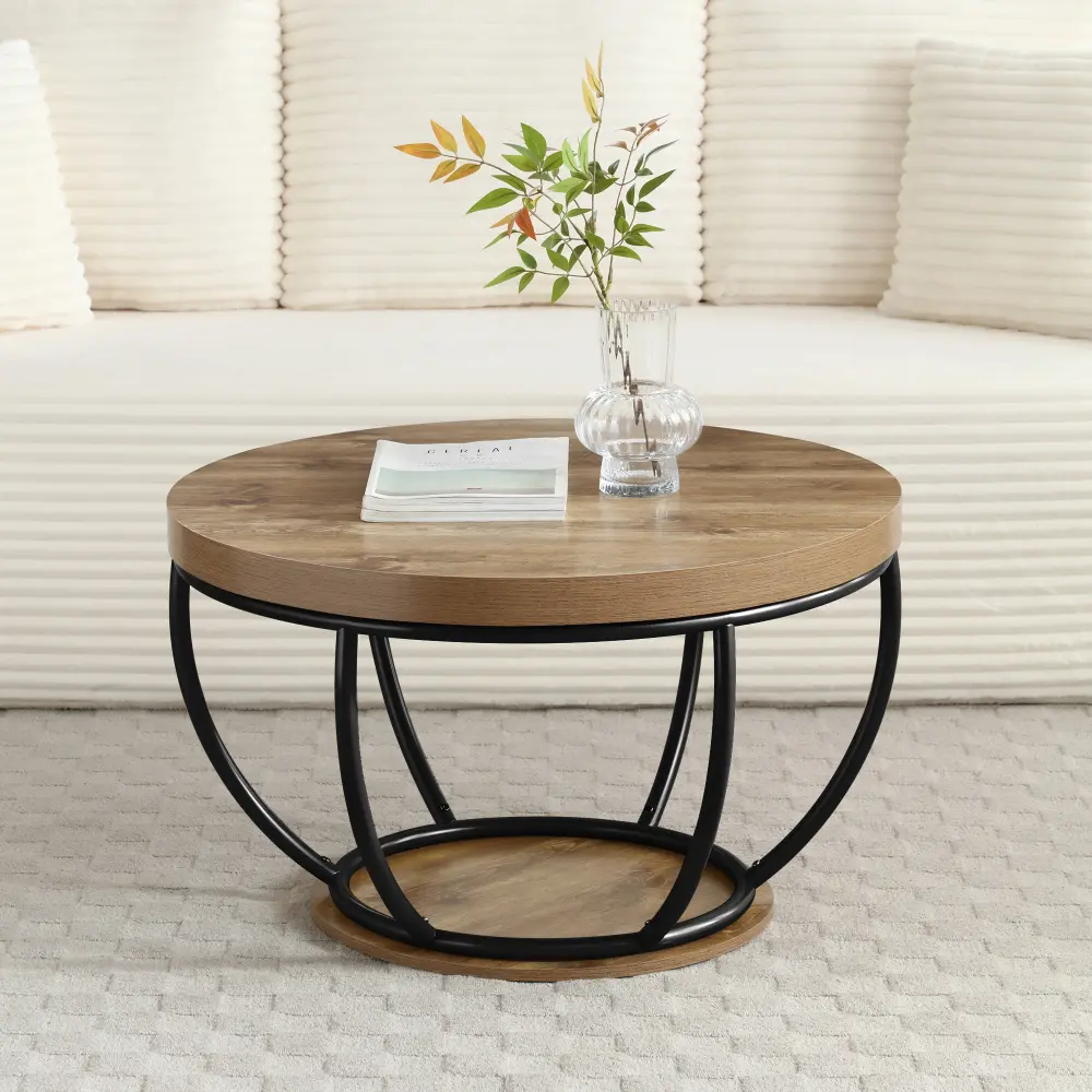 31" Round Industrial Coffee Table with 2-Tier Storage Shelves, Modern Wood & Black Metal Accent Center Table for Living Room, Home Office – Easy Assembly