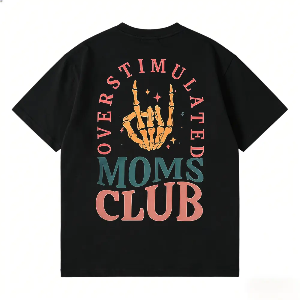Women's "Overstimulated Moms Club" Graphic Short-Sleeve Cotton Top - Seamless, Casual, Fitted/Oversized Round Neck Solid Pullover with Smooth Soft Fabric