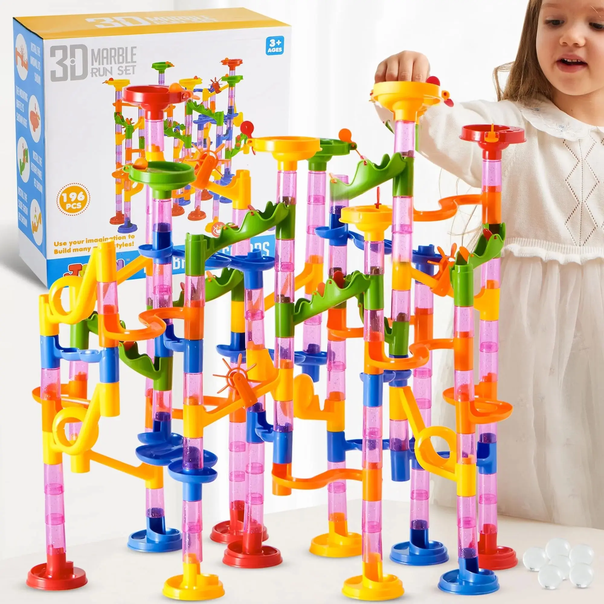 JoyX 196-Piece Marble Run Maze – STEM Educational Construction Toy with Funnels, Slides, and Glass Marbles – Perfect Gift for Kids Ages 3-8