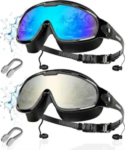 2 Pack Swimming Goggles, Adult Swimming Goggles, 180° Wide Field of View, UV400 Protection, Anti-Fog, Waterproof, Unisex Nose Clip