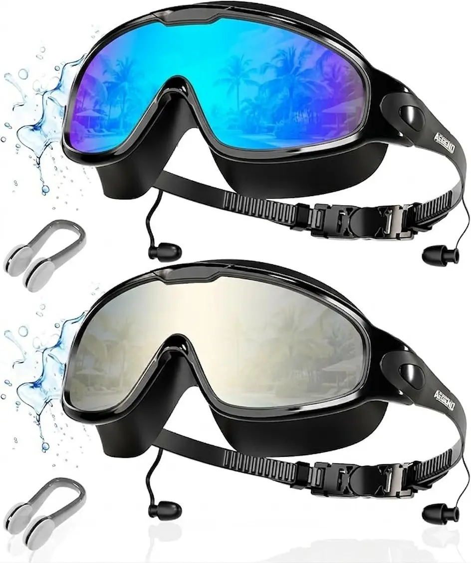 2 Pack Swimming Goggles, Adult Swimming Goggles, 180° Wide Field of View, UV400 Protection, Anti-Fog, Waterproof, Unisex Nose Clip