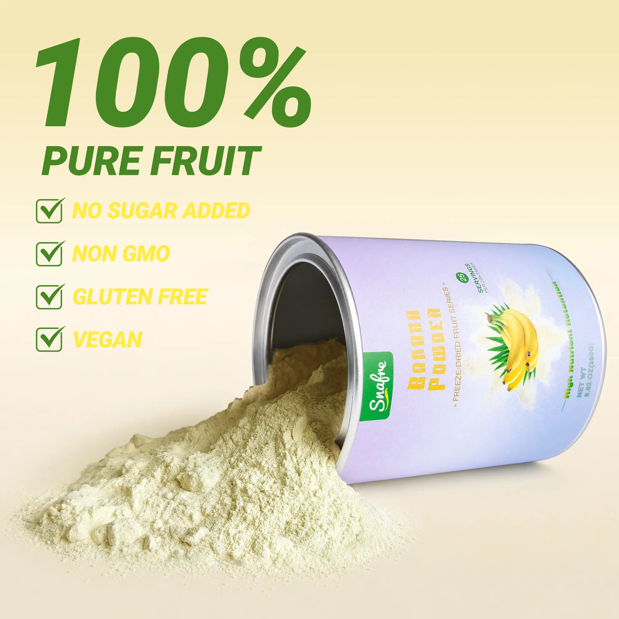 SNAFRE Freeze Dried Banana Powder - 8.82 oz (250g) Sealed Jar, 100% Pure Fruit, Natural Sweet Sweet Flavor, No Added Sugar Creamy Powder for Smoothies & Baking