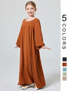 Muslim Girl's Solid Ruched Bishop Sleeve Smock Dress without Hijab, Abaya Dress, Modest Outfits, Modesty, Cute Casual Round Neck Long Sleeve Dress for Daily Wear, Kid's Summer Clothes