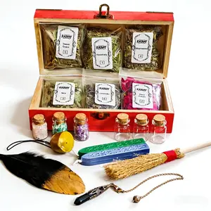 Beginner Wiccan Altar Kit in Vintage Mahogany Box, Complete Witchcraft Ritual Set with Herbs, Crystals, Tools & Guide, Teacher Appreciation Giftable Witch Box for Family & Friends, 7.87x3.94 Inches
