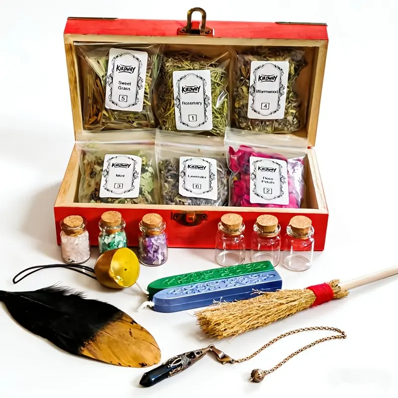 Beginner Wiccan Altar Kit in Vintage Mahogany Box, Complete Witchcraft Ritual Set with Herbs, Crystals, Tools & Guide, Teacher Appreciation Giftable Witch Box for Family & Friends, 7.87x3.94 Inches