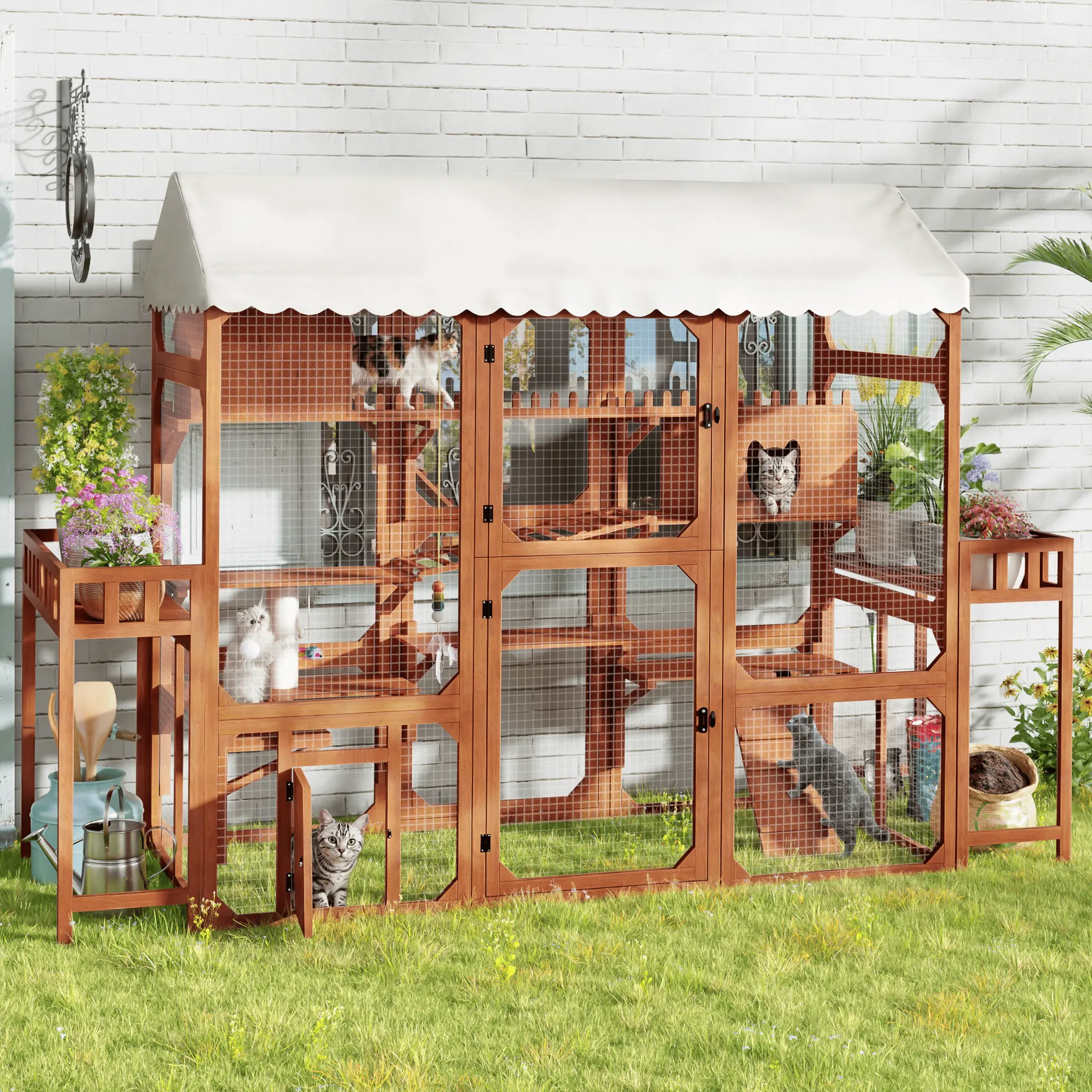 Eyisean 107.8in Enclosed Classic Modern Outdoor Backyard Wooden Catio - Durable Walk-In Kitty House for Multiple Kitties with 2 Plant Stands, Wire Mesh, Multi-Level Playpen, Climbing Ramp, Hiding Box, Waterproof Cover (Outdoor Living Essential), Pine Wood