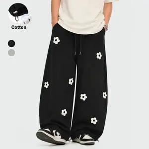 TELLFUN Men's Baggy Barrel Sweatpants - Floral Embroidery, Elastic Waist with Drawstring, Loose Fit Vintage Y2K Streetwear Casual Joggers, Baggy Sweatpants
