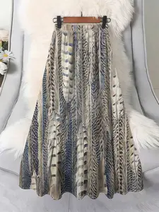 Women's Ethnic Feather Print Skirt, Chic Boho Style Vintage High Waist Loose Fit, Long Commuter Dress, Casual Spring & Fall Fashion