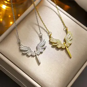 Stainless Steel Angel Wings Pendant Necklace For Women Girls Luxury Rhinestone Clavicle Chain Jewelry Accessories Gifts