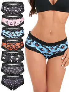 7-Pack Women's Lace Trim Bikini Triangle Panties Set, Sexy Pure Desire Lingerie, Casual Ethnic Pattern Underwear for All Seasons