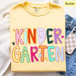 Comfort Colors Teacher Appreciation T-Shirt – Kindergarten Hand Drawn Doodle Stars Graphic Tee - Shabby Chic Gold Glitter Teacher Gift