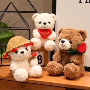 15/25CM Kawaii Cartoon Anime Love Rose Hat Bear Stuffed Animal Plush Toy Children's Couple Bear Handmade Doll Festival Gift