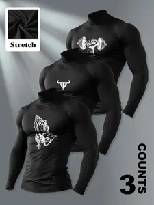 Men's 3 Counts Stretch Muscle-Fit Turtleneck Compression Tees - Gym-Inspired Dumbbell, Bull, Praying Hands Prints, Long Sleeve for Training & Fitness,Muscle-Fit Long Sleeve for Gym & Workout, Gym Performance Top, Gym Workout Shirt