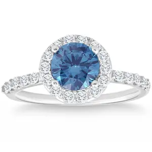 2Ct TW Blue & White Diamond Halo Engagement Ring in 14k White Gold