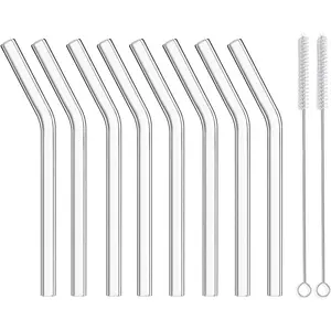 Short Bent Glass Straws, 6 in x 10 mm  Clear Glass Curved  Straws for , Coffee, Soda, Water, Pack of 8 with Brush