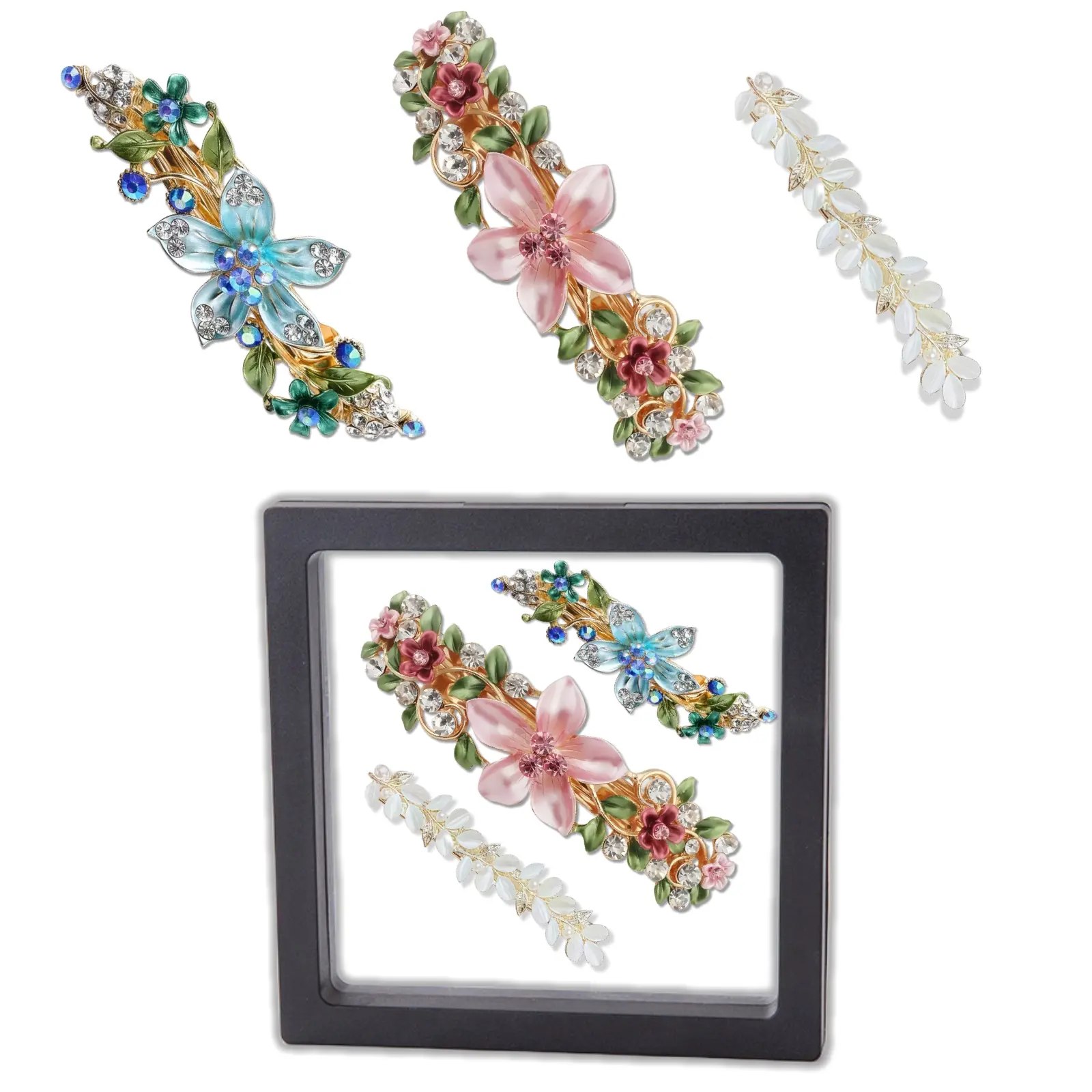 Metal Flower Hair Barrettes Gift-Ready Set 3-Pack Crystal Accent Clips for Women's Ponytail Braid Pink Blue Yellow