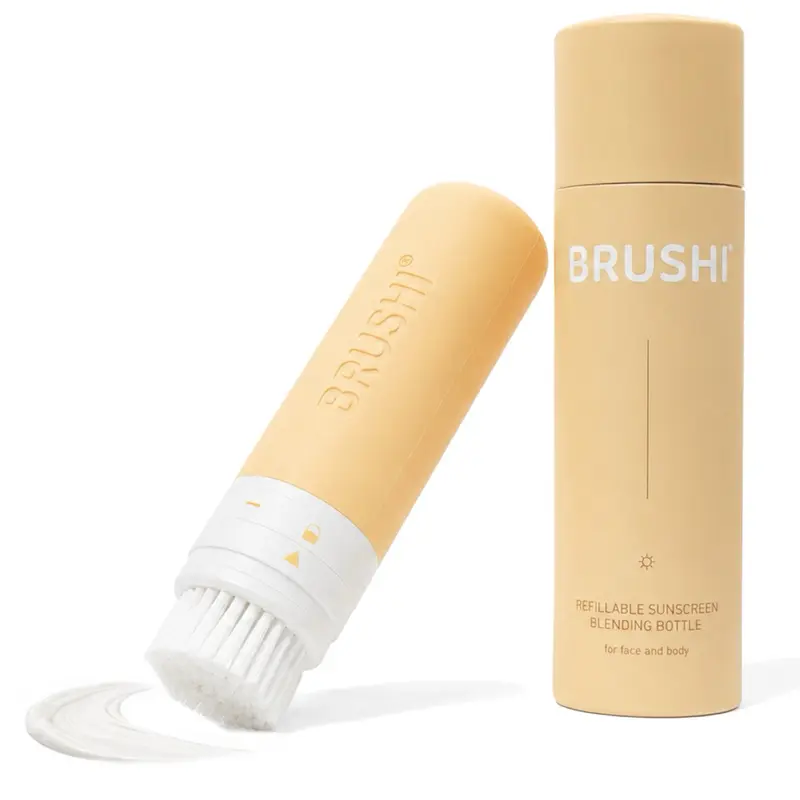 BRUSHI Refillable Sunscreen Applicator 2-in-1 with Built-in Brush, 3oz BPA-Free, Mess-Free Application, Patent Protected (US117824302B1)