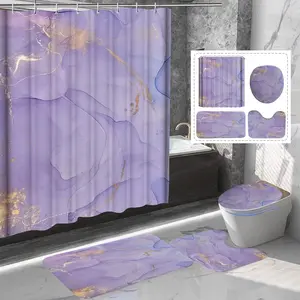 4Pcs Purple Marble Shower Curtain Sets, Bathroom Sets with Shower Curtain and Rugs and Accessories, Rug Toilet Lid Cover and Non-Slip U Shape Mat, Waterproof Shower Curtain with 12 Hooks, 72" x 72"