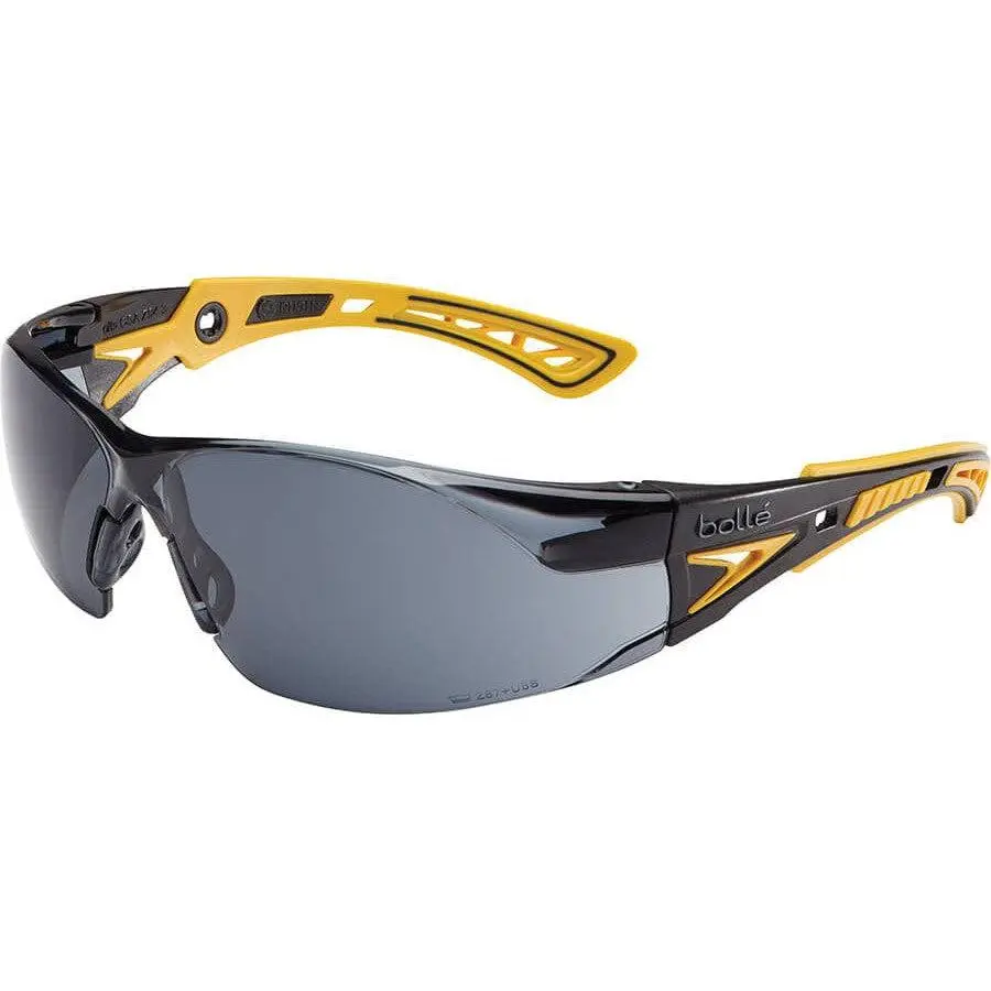 Bolle Rush Plus ANSI Z87+ Rated Safety Glasses, Ultra-Sporty Black-Yellow Frame, Smoke Lens with Smoke Platinum Anti-Fog Coating, Sun Protection for Beach, Outdoor Safe Sunny Day Job Use, Target Practice