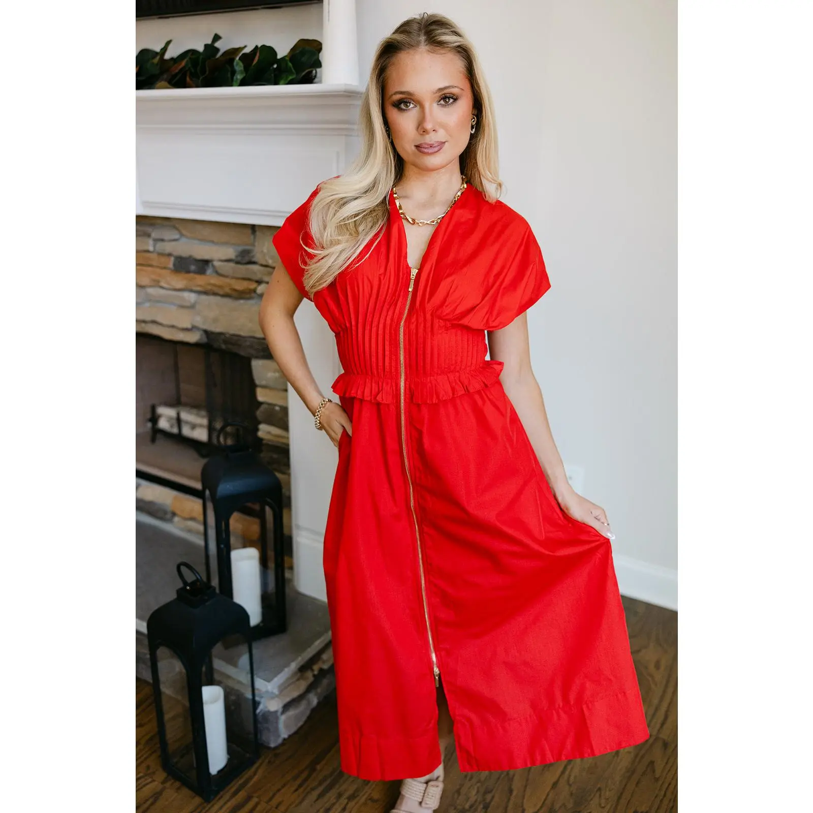 red dress with gold zipper Cardinal Classic Tomato Red Zip Up Mini Dress main image 1