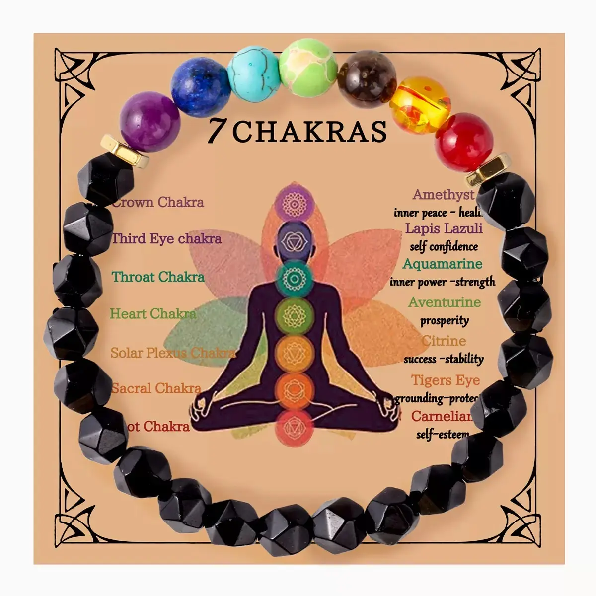 16g 7 Chakra Obsidian Crystal Beaded Bracelet - Companion Bracelet with Chakra Stones, Mindfulness Healing Jewelry, Spiritual Gift for Him/Her, Energy Balance Costume Accessory