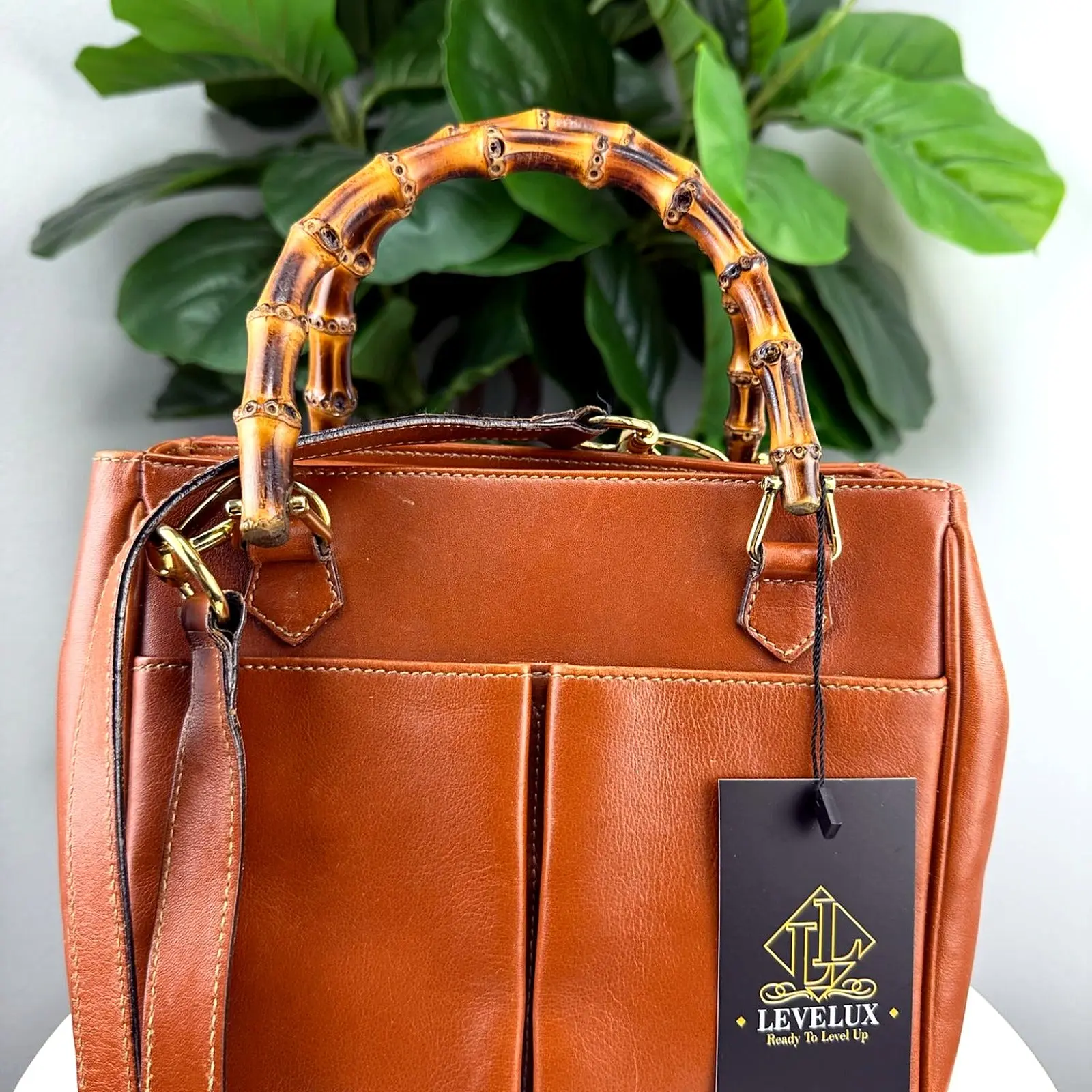 Pre-owned Leather Shoulder Bags Authentic Vintage Gucci Bamboo Drawstring Bucket Bag Cognac