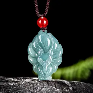 Genuine natural A-goods jadeite blue water fox fairy nine-tailed fox pendant glutinous seed jade pendant flower pieces female pendant
