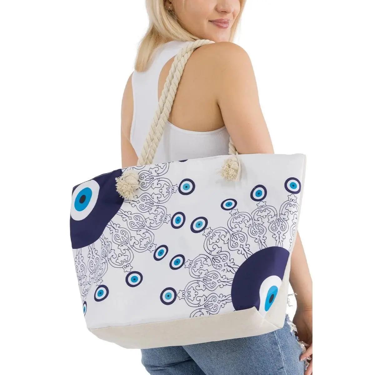 Evil Eye Canvas Tote Bag with Rope Handles, Zipper & Pocket